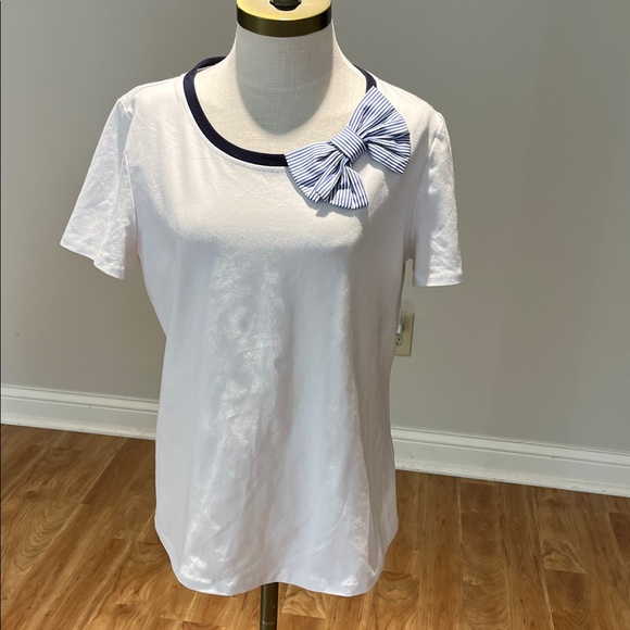 Kate Spade White and Blue Striped Bow T-Shirt size XL - Picture 1 of 9